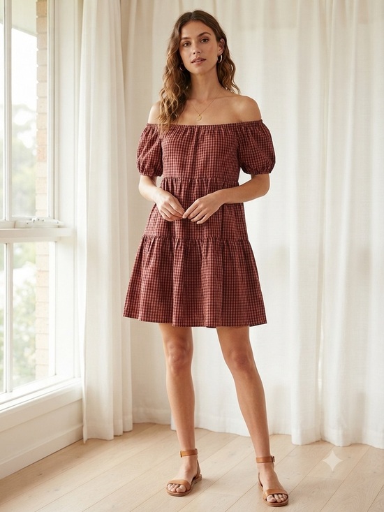 Old Navy Dresses & Skirts - Old Navy Off the Shoulder Gingham Tiered Mini Dress in Rust Plaid
